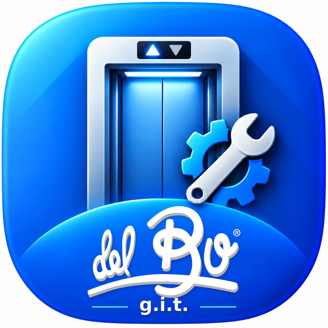 Del Bo g.i.t. – logo con ascensore e simboli di manutenzione